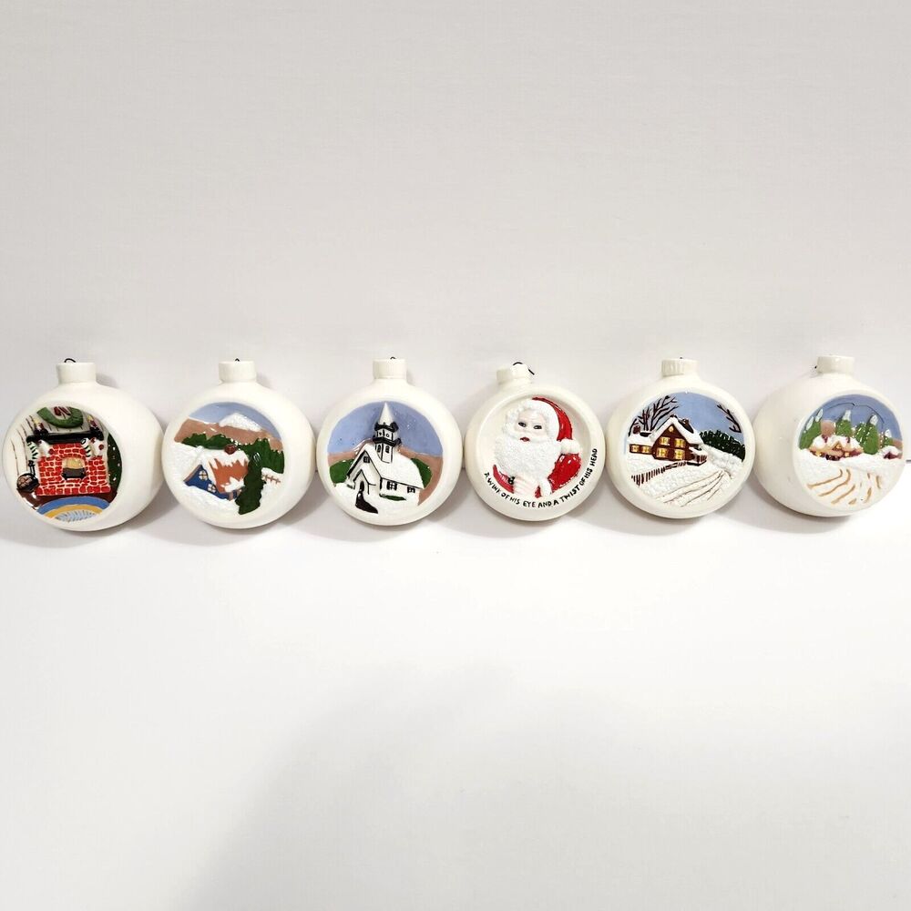 Vintage Lot of 6 Duncan 1976 Ceramic Winter Scenes Painted Christmas Ornaments